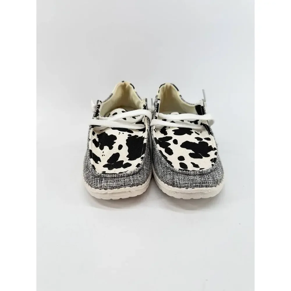 Womens Cow Print Canvas Slip On Shoes Black White Gray EU 36 Casual Loafers
